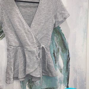 Caution to the wind Blouse Grey and White stripe with cute V cut and bow tie